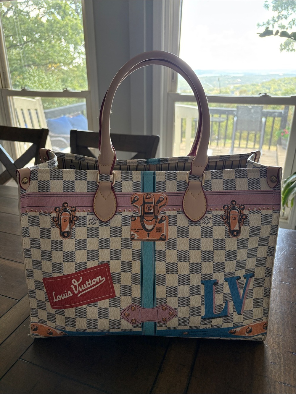Checkered Fashion Tote with Pink Trim and Blue Accents